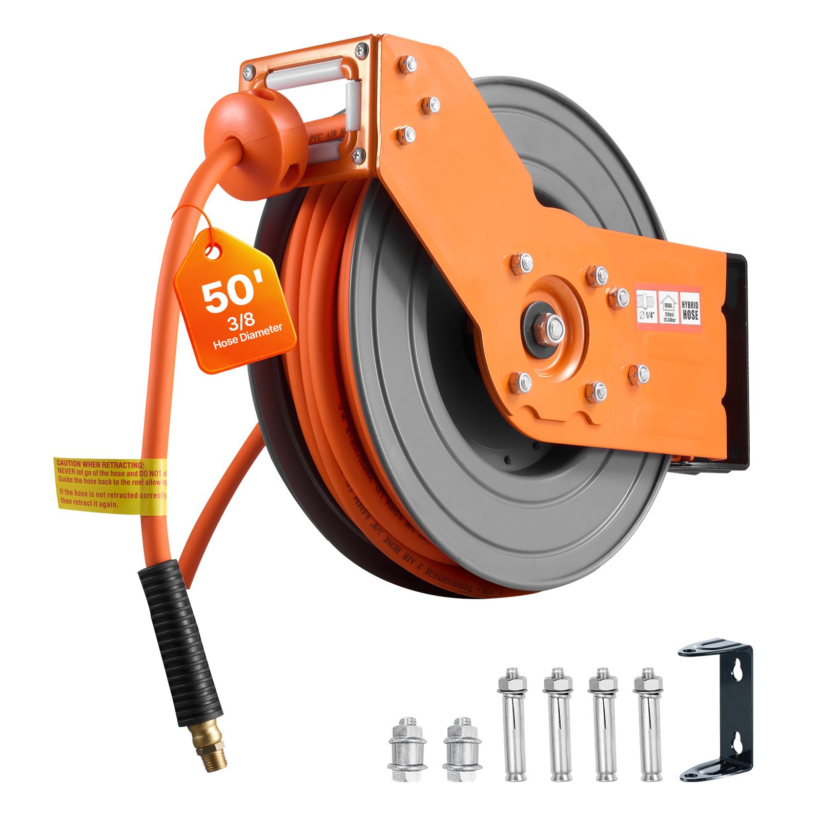 Air Compressor Air Hose 3/8 Hybrid 50Ft - Retractable Air Hose Reel, 3/8 Inch