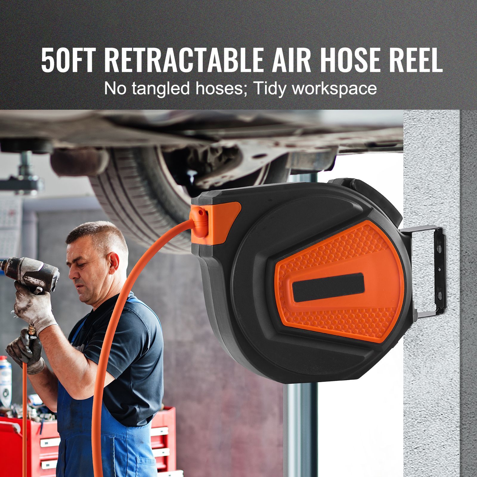 Air Compressor Air Hose 3/8 Hybrid 50Ft - Retractable Air Hose Reel, 3/8 IN