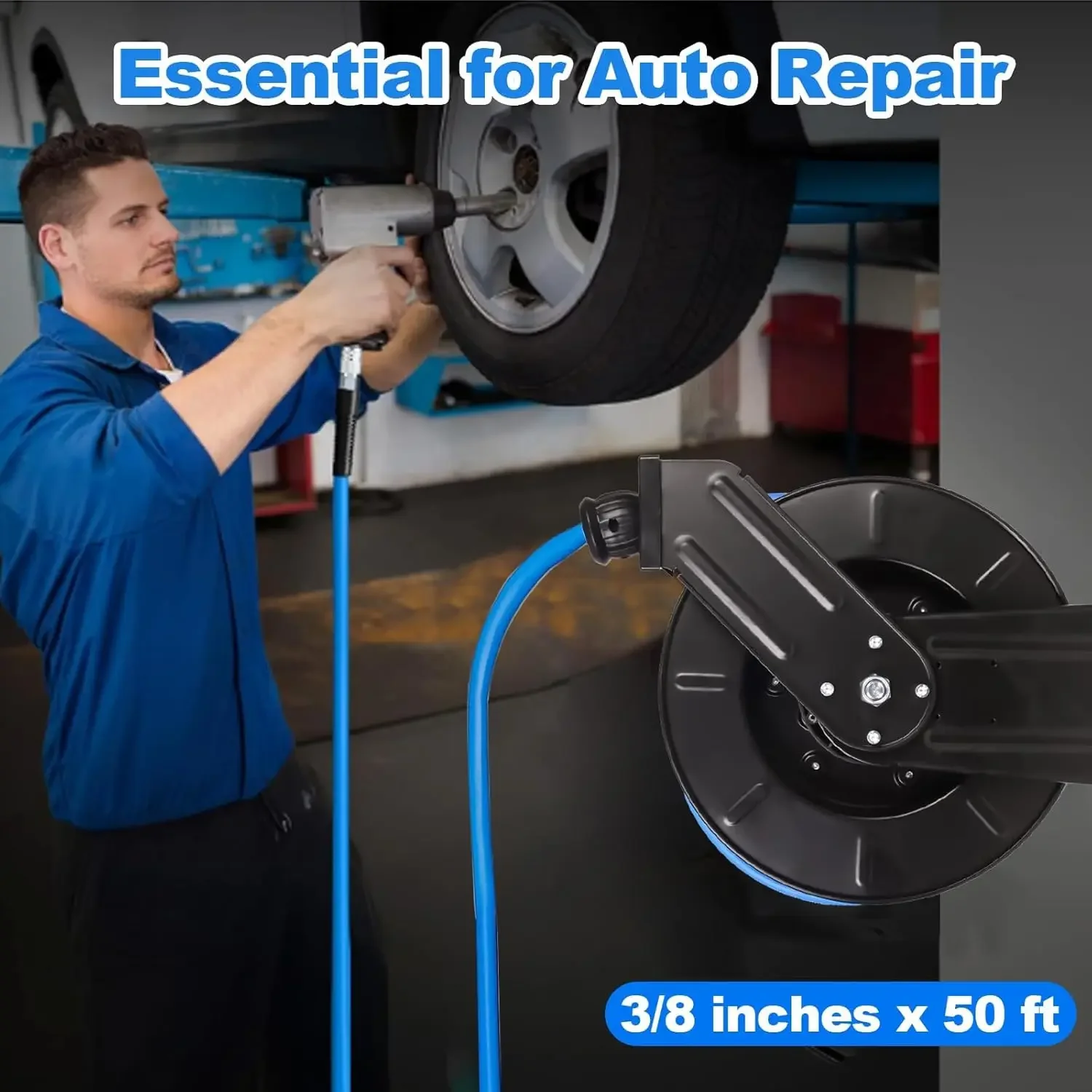 Air Compressor Air Hose 3/8 Hybrid 50Ft - Heavy Duty Retractable Air Hose Reel,