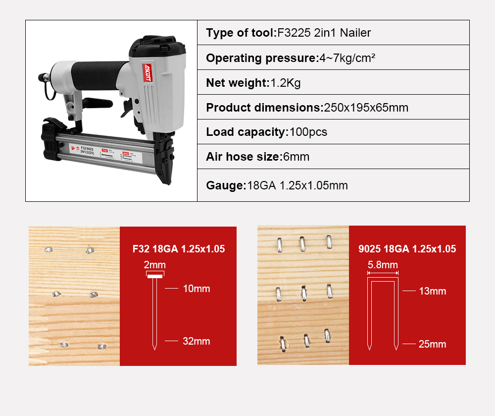 F3225 Pneumatic 2 in 1 Nailer  - đánh giá và giá Pneumatic Flooring Nailer Stapler 2 In 1